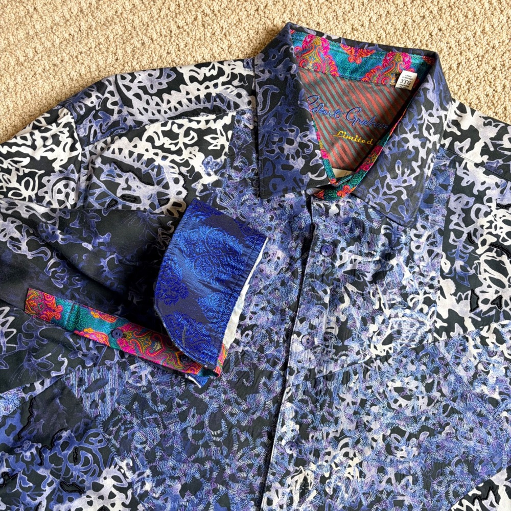 Robert Graham Limited Edition Diesel Men 3XL Blue Purple Embroidered Shirt